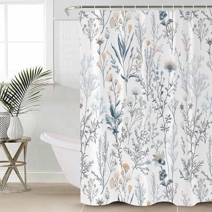 Botanical Floral Bathroom Shower Curtains with 12 Hooks Polyester Waterproof Shower Curtain for Stalls and Bathtubs Flowers Leaves Plants Light Blue Decorative Bathroom Privacy Curtain 72x96 Inches - size: 72"x96"