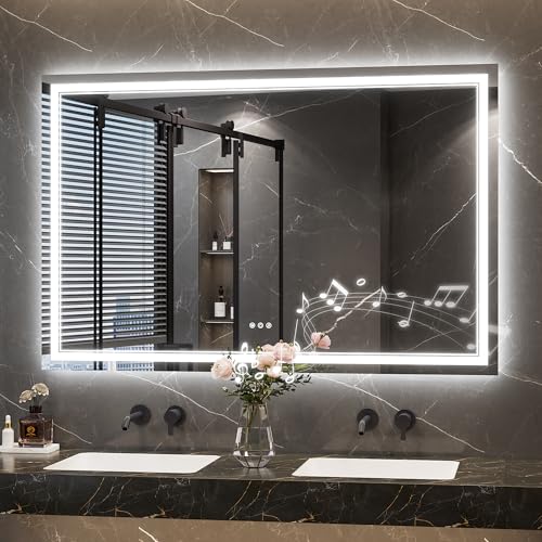 Keonjinn 55 x 36 Inch LED Bathroom Mirror with Lights, Bluetooth Speaker | Frontlit & Backlit Bluetooth Mirror Bathroom, 3000K/4500K/6000K, HD Tempered Glass, Dimmable, Fast & Safe Defogging, CRI90+ - size: 36"L x 55"W