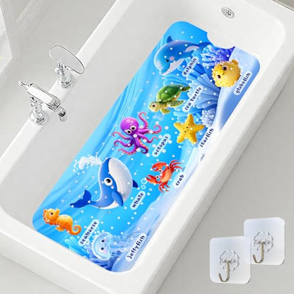 Baby Bath Mat for Tub Non Slip, 40 x 16 Inch with Drain Holes Suction Cups | Ocean animal PVC mat with 200 Suction Cups and 2 hooks, machine washable for clean, smooth, non-textured tubs shower inserts