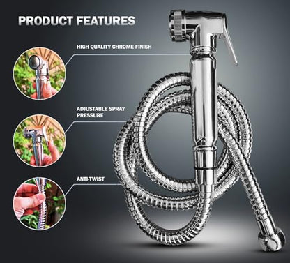 Handheld Toilet Bidet Sprayer - Shattaf Set, Jet Spray with Easy Installation, Muslim Shower for Feminine wash, Baby Cloth Diaper, Personal Hygiene, 120cm Stainless Steel Hose Pipe, Chrome