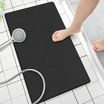 SONGZIMING Shower Mat Non Slip Without Suction Cups, 32x17 Inch, Bath Mat with Drain, Loofah Mat for Textured Surface Tub, Bathroom, Quick Drying, Black - color: Black, size: 32" x 17" (Rectangular)
