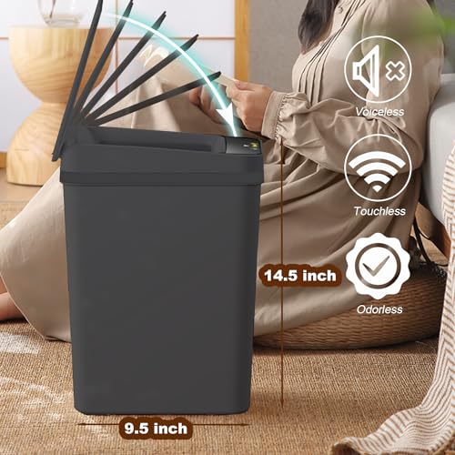 Yatmung 4 Gallons Bathroom Trash Can Automatic Touchless - Smart Trash Can | 15.5 Liters Slim Electric Trash Bin Motion Sensor - Narrow, Plastic - Skinny Garbage Can with Lid ( Matte Black ) - color: Black, size: 4 Gal