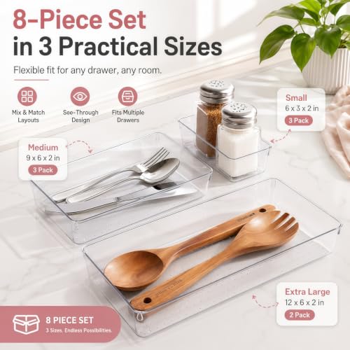 8 Pack Large Clear Plastic Drawer Organizer Bins - Acrylic Bathroom Drawer Organizer Trays - Heavy Duty Kitchen Drawer Dividers for Utensils - Non-Slip Storage Bins for Makeup, Bedroom, Office Desk - size: 8 Pack