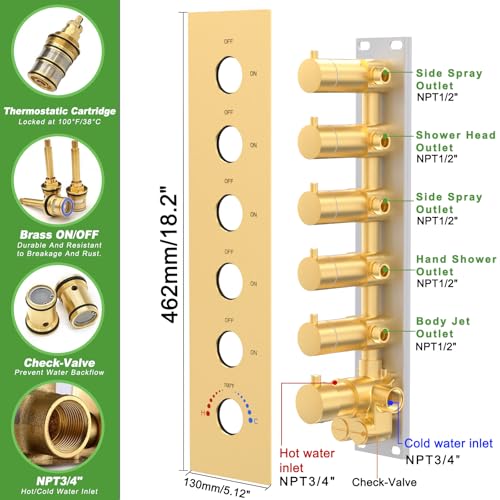 HOMEDEC 16" Round Rain Shower System with Dual 6" Wall Shower Head, 5 Way Shower Valve with 2-Function Handheld Shower and Massage Jets, Brushed Gold - color: Brushed Gold, style: 5-Way + 2x 6" Top