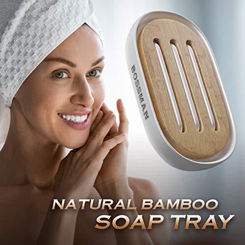Bossman Soap Dish - Bathroom and Shower Soap Bar Holder - Premium Ceramic Base - Removable Natural Bamboo Soap Tray (White) - color: White