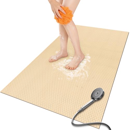 Bathroom Non Slip Shower Mat, Khaki 58x32 Inch Bathtub Mat, Non Slip Bathroom Mat for Elderly and Kids, Easy to Dry, Fast-Dry Drainage Hole, Easy to Prune - color: Khaki, size: 58" x 32" (Rectangular)
