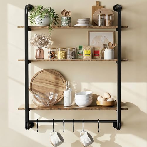 3 Tier Industrial Pipe Floating Shelf, 24" Kitchen Wall Shelves | with Towel Bar & 6 Hooks, Coffee Bar Shelves Display Bookshelf Wall Shelf for Kitchen, Bathroom, Home Décor, Rustic Brown - size: 24 Inch（3 Tier）