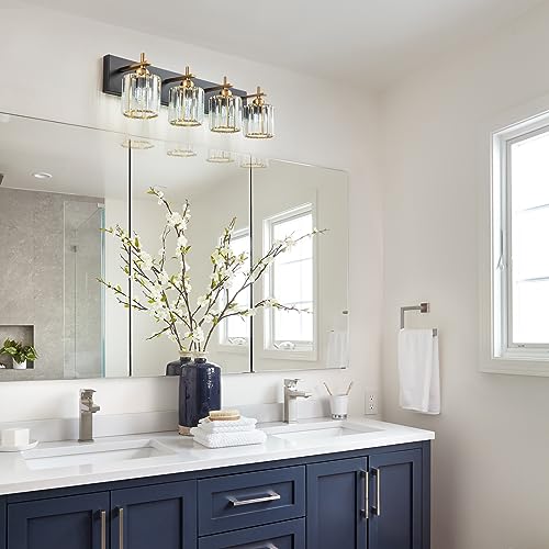 Black Gold Crystal Bathroom Vanity Light, Modern 4-Lights Bathroom Light Fixtures Over Mirror, Crystal Wall Lighting with Polished Gold Finish - color: Black Gold-Round Shade, size: 4-Light