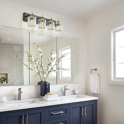 Black Gold Crystal Bathroom Vanity Light, Modern 4-Lights Bathroom Light Fixtures Over Mirror, Crystal Wall Lighting with Polished Gold Finish - color: Black Gold-Round Shade, size: 4-Light