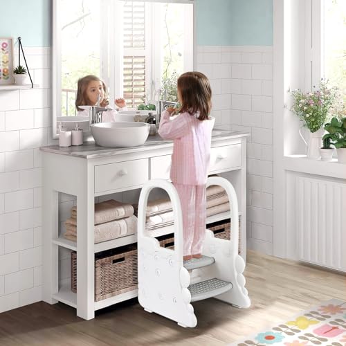 IDEALHOUSE Toddler Step Stool with Safety Handrails, Anti-Slip 2-Tier Kids Ladder, 300 Lbs Capacity, Minimalist Plastic Stool for Bathroom Sink, Kitchen Counter & Potty Training, Grey Step - color: Grey Step