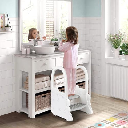 IDEALHOUSE Toddler Step Stool with Safety Handrails, Anti-Slip 2-Tier Kids Ladder, 300 Lbs Capacity, Minimalist Plastic Stool for Bathroom Sink, Kitchen Counter & Potty Training, Grey Step - color: Grey Step