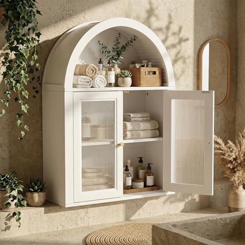 Arched Bathroom Wall Cabinet, Boho Medicine Cabinet with Tempered Glass Doors, Above Toilet Storage Cabinet, Wall Mounted Adjustable Shelf for Living Room, Restroom,White - color: White, size: 31.5 H-Glass