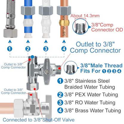 Brass 3/8" Compression Add-A-Tee Valve, T Adapter for TOTO Washlet Bidet | Angle Stop Valve Diverter for Toilet Handheld Sprayer, Dishwasher, Sink Faucet, 3/8x3/8x3/8 or 1/2 Water Line Splitter - size: 3/8"x3/8"x3/8" or G1/2 Toilet Bidet Sprayer T
