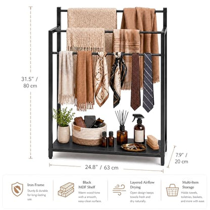 24.8" W Freestanding Towel Rack with Black Wood Shelf | 3 Tier Blanket Ladder Stand for Bathroom Living Room, Metal Frame - color: Black, size: 31.5" H x 24.8" W x7.9 D