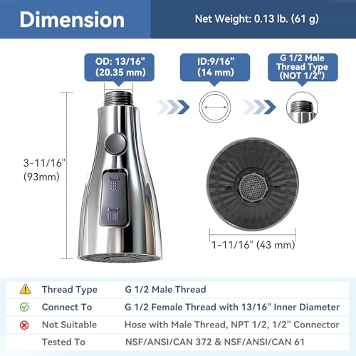 Kitchen Faucet Head Replacement with 3 Modes, Pull Down Spray Head for Kitchen Faucet, Kitchen Sink Sprayer Replacement Compatible with Moen, American Standard, Kohler Faucets - color: Chrome