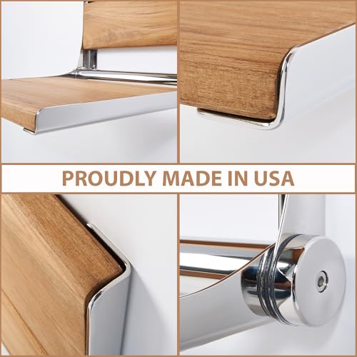 Teak Shower Seat - Contour Wood / Folding Wall Mount Bench for Inside Shower / ADA Safety Assist / 304 Stainless Steel / Polished Chrome / 18" x 16" - color: Polished Chrome, Teak, size: 18" x 16"