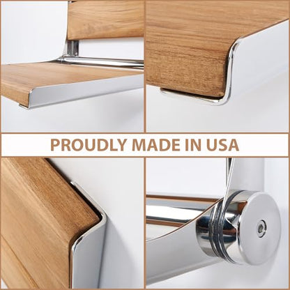 Teak Shower Seat - Contour Wood / Folding Wall Mount Bench for Inside Shower / ADA Safety Assist / 304 Stainless Steel / Polished Chrome / 18" x 16" - color: Polished Chrome, Teak, size: 18" x 16"