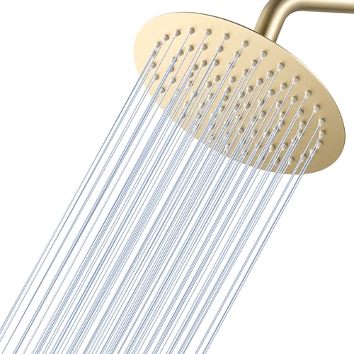 Brushed Gold Round Rainfall Shower Head, All Metal Stainless Steel Rain Shower Heads with 90 Anti-Clog Silicone Nozzles, Wall or Ceiling Mount, 8 inch - color: Brushed Gold, size: 8 Inch