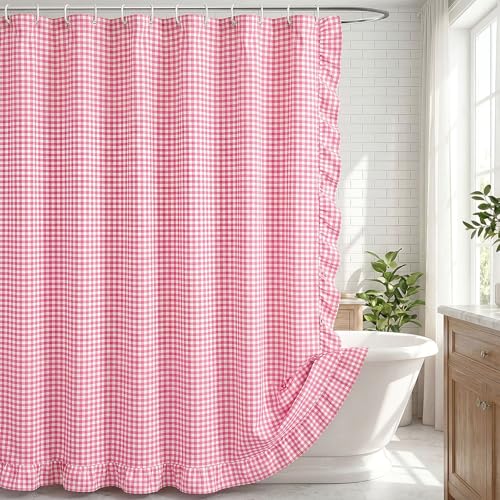 HunnmingRe Ruffled Gingham Shower Curtain 72 x 72 Inch Pink Cotton Vintage Farmhouse Cottage Core Rural Checkered Plaid Shower Curtain with 12 Hooks for Bathroom Bathtubs Decor - color: Pink, style: Ruffled Gingham