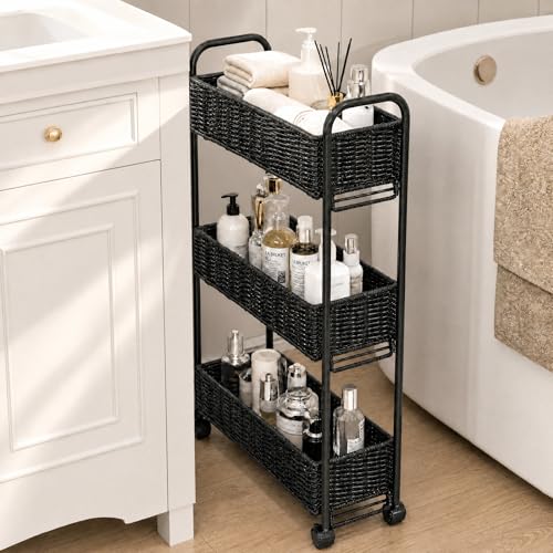 Utility Slim Storage Cart,3-Tier Rolling Kitchen Office Laundry Room Cart,Mobile Shelving Unit Organizer for Living Room Bathroom Baby Diaper Narrow Places (Black, 3 Tiers-7.1 inch (W)) - color: Black