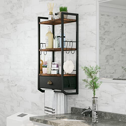 Bathroom Storage Organizer Wall Mounted, 3 Tier Bathroom Towel Rack Shelf with Storage Drawer Double Towel Bars and Hooks, Industrial Bathroom Shelves Over Toilet, Rustic Black and Brown (A)