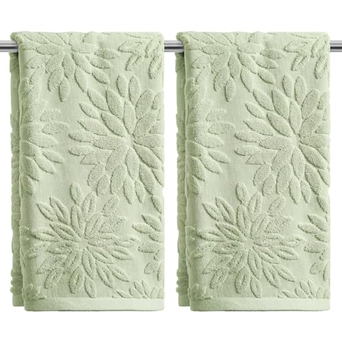 Artoid Mode 2 Pcs Light Green 3D Dahlia Floral Jacquard Hand Towels for Bathroom, Cotton Soft Absorbent Bathroom Decor Towels, 13.7 x 29.5 Inch - color: Light Green, size: 13.7" x 29.5", 2PCS
