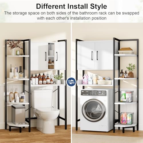 K2 Heavy Duty 7-Tier Over The Toilet Storage Cabinet（With Magnetic Doors & Adjustable Feet）Freestanding Above Toilet Shelf，Space Saver Bathroom Organizer 9.3"D x 31.5"W x 67.2"H，Beige White - color: White