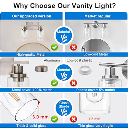 MELUCEE 2 Heads Bathroom Light Fixtures Brushed Nickel | Metal Wall Lights with Clear Glass Shade Modern Vanity Lights Sconces for Hallway Bedroom Kitchen (Patent No.: US D963914 S) - color: Brushed Nickel, size: 2-Light