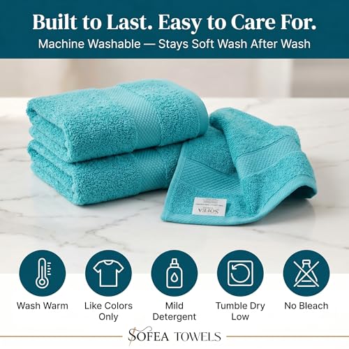 Sofea Hand Towels 6 Pack (16 x 28 Inches) 100% Cotton Bathroom Towels, Soft Absorbent Quick Dry Hand Towels for Bathroom Kitchen - color: Aqua Green