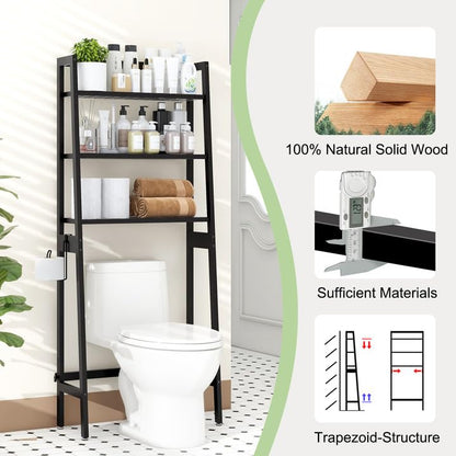 MallKing Over-The-Toilet Storage Rack, Wooden 3-Tier Over-The-Toilet Storage Rack Bathroom Space Saver Organizer, Freestanding Above Toilet with Toilet Paper Holder and Hooks (Black)
