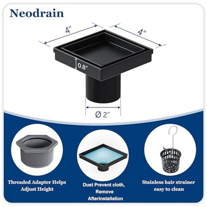 Neodrain 4 in Black Square Shower Drain with Removable Tile Insert Grate | 304 Stainless Steel Tile Square Drain, Hidden Drain,Easy to Clean, Waterproof & Sturdy Shower Drain, CUPC Certified - color: Matte Black, size: 4 IN