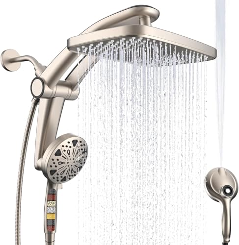 12-Inch High Pressure Rain Shower Head with Handheld Spray Combo, Magnetic | Dual shower heads; one-piece bracket adjusts height and angle; 9 settings: 8 sprays + 1 Power Jet for cleaning; easy install - color: Brushed Nickel