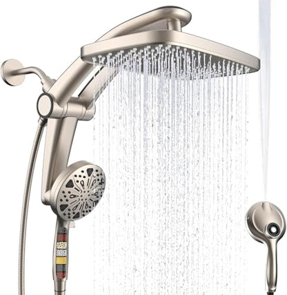 12-Inch High Pressure Rain Shower Head with Handheld Spray Combo, Magnetic | Dual shower heads; one-piece bracket adjusts height and angle; 9 settings: 8 sprays + 1 Power Jet for cleaning; easy install - color: Brushed Nickel