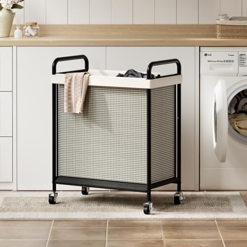 WOWLIVE Rolling Laundry Hamper with Wheels, 90L Laundry Basket | Laundry Sorter with Metal Handle and Removable Bag, Large Clothes Hamper for Laundry Room, Bathroom and Dorm, Beige - size: 1-Section
