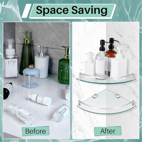 Gejoy Glass 2 Pack Corner Shower Shelf, Bathroom Corner Shelves Wall Mounted with Tempered Glass and Rustproof Brackets, Floating Shower Organizer for Shampoo, Soap and Bath Accessories, 9.25 Inch