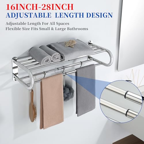 Alise Adjustable 16-28 Inches Double Towel Rack for Bathroom,Chrome | Wall Mount Double Towel Racks,SUS304 Stainless Steel Towel Holder,Retractable Towel Shelf with 2 Towel Bars 4 Movable Hooks