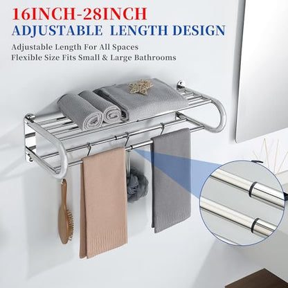 Alise Adjustable 16-28 Inches Double Towel Rack for Bathroom,Chrome | Wall Mount Double Towel Racks,SUS304 Stainless Steel Towel Holder,Retractable Towel Shelf with 2 Towel Bars 4 Movable Hooks