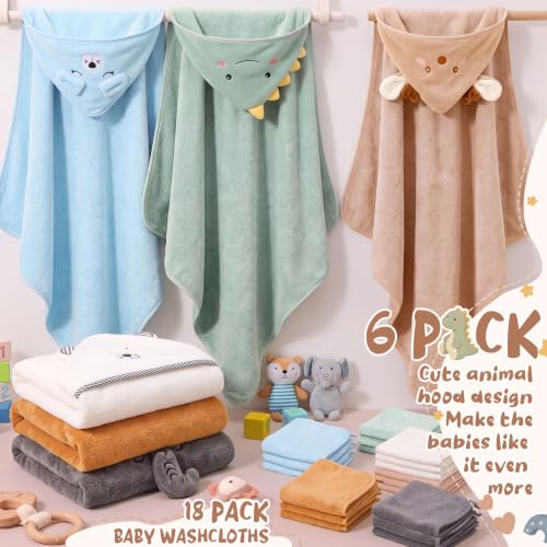 Tegeme 24 Pcs Large Hooded Baby Towel with Washcloths,Mixed | Ultra Absorbent, Toddler, 6 Bath Towel, 18 Washcloths 10inch, Coral Fleece, Newborn, Infant, Boy, Girl, Baby Shower, Birthday - style: Mixed