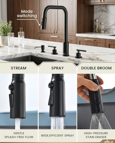 APPASO 4 Hole Black Kitchen Faucet with Pull Down Sprayer & Soap Dispenser | Matte Black Square Neck Kitchen Sink Faucet with Dual Handle, Stainless Steel for 3 and 4-Hole Sinks, Easy to Install - color: 3-Black