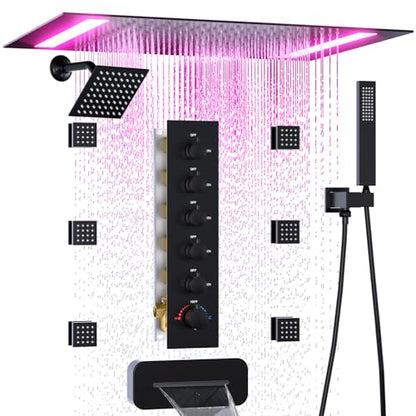 HOMEDEC 14x20inch and 6inch Shower Heads System with Bathtub Spout, 5 Way Diverter Valve, Handheld and 6 Body Jets Luxury Shower Set, Black - color: Black, style: 5-Way + 1x 6" Top + Spout