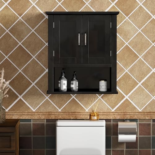 ChooChoo Wood Bathroom Wall Cabinet with Door, Black Medicine Cabinet | Rustic Over The Toilet Storage Cabinet, Adjustable Shelf, Open & Concealed Storage, 7.5 x 21.6 x 24 Inches - color: Black