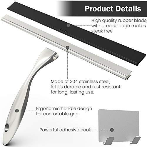 Shower Squeegee with Self Adhesive Hook, 12 Inches Stainless Steel Squeegee Cleaner, All-Purpose Window Scraper for Bathroom Doors, Mirror, Windows and Car Glass (12 Inch, Silver)