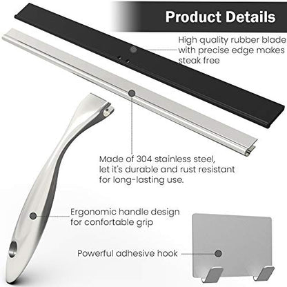 Shower Squeegee with Self Adhesive Hook, 12 Inches Stainless Steel Squeegee Cleaner, All-Purpose Window Scraper for Bathroom Doors, Mirror, Windows and Car Glass (12 Inch, Silver)