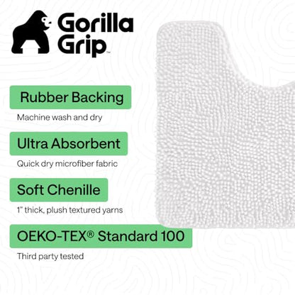 GORILLA GRIP Bathroom Rug Sets 3 Piece, Bath Mat Set and Oval Toilet Base with Rubber Backing, Plush Absorbent Shaggy Chenille Washable Mats, Includes 24x19.5, 24x17 and 36x24 Inch Rugs, White - color: White, style: 24"x19.5" + 24"x17" + 36"x24" - 3 Pack