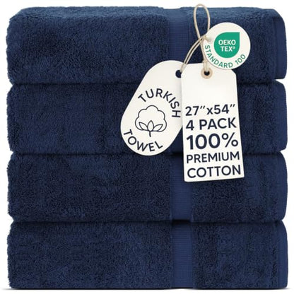 Chakir Turkish Linens 4 Piece Bath Towel Set, 100% Cotton Luxury Turkish Towels for Bathroom, Soft Absorbent Bath Towels, 27 x 54 Inches, Navy - color: Navy