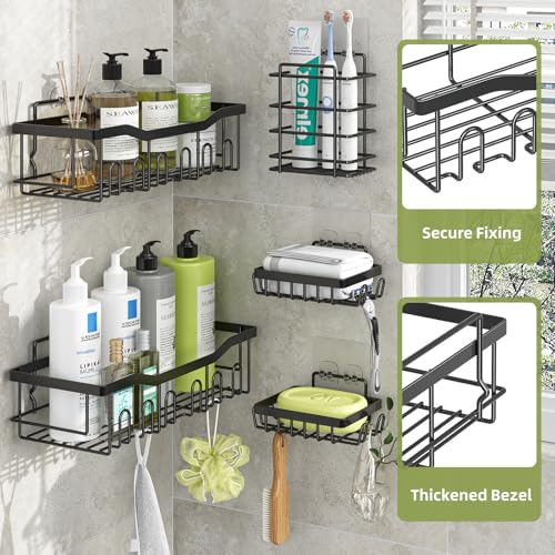 Simple Trending Shower Caddy, 5 Pack Rustproof Stainless Steel Shower Shelves, No Drilling Bathroom Organizer Adhesive with Large Capacity, Black Metal Storage Basket