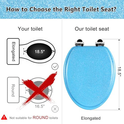 Angol Shiold Glitter Toilet Seat Molded Wood Elongated Toilet Seat with Quietly Close and Quick Release Hinges, Easy to Clean also Easy to Install (Elongated 18.5'', Blue) - color: Blue, size: Elongated 18.5‘’