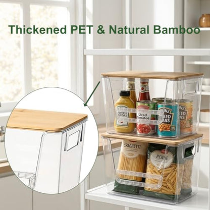 FUSHITON 2 Set Pantry Organizers, Clear Trash Bag Holder with Bamboo Lids | Stackable Trash Bag Dispenser for Potato, Onion, Garlic, Storage Bins for Kitchen Under Sink, Laundry Room