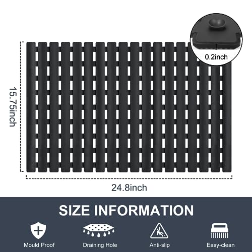 Yolife Quick Drain Shower Mat, 24.8 x 15.8 inch Power Grip Shower Mat Non Slip, Raised Non Slip Shower Mats for Inside Shower, Heavy Duty Curlable Stand up Shower Floor Mat,Black