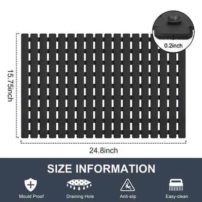 Yolife Quick Drain Shower Mat, 24.8 x 15.8 inch Power Grip Shower Mat Non Slip, Raised Non Slip Shower Mats for Inside Shower, Heavy Duty Curlable Stand up Shower Floor Mat,Black